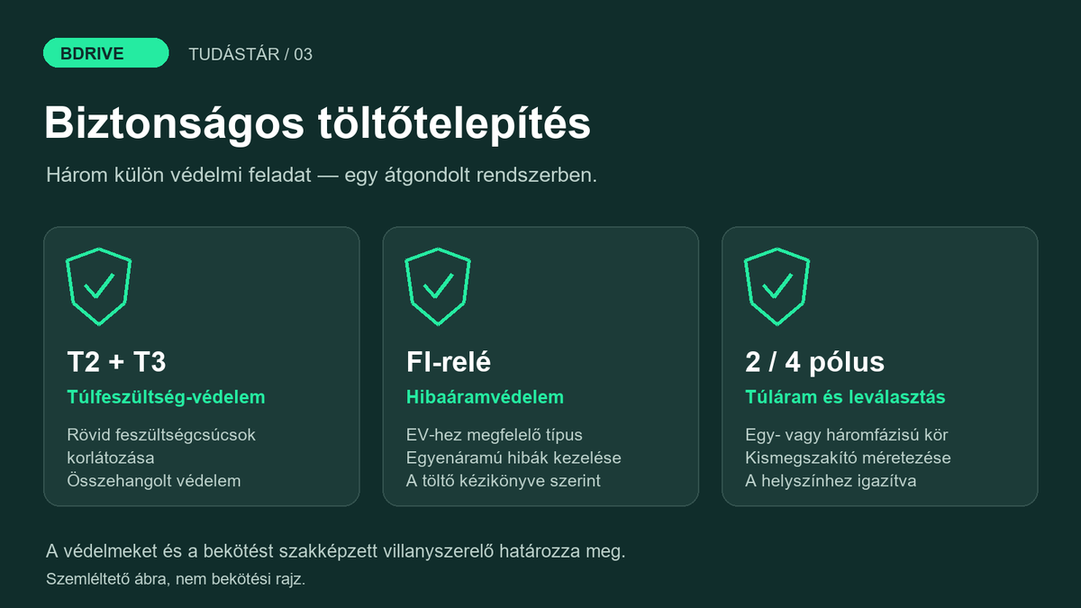 A töltőtelepítés három védelmi feladata: T2+T3 túlfeszültség-védelem, FI-relé és megfelelő kismegszakító.